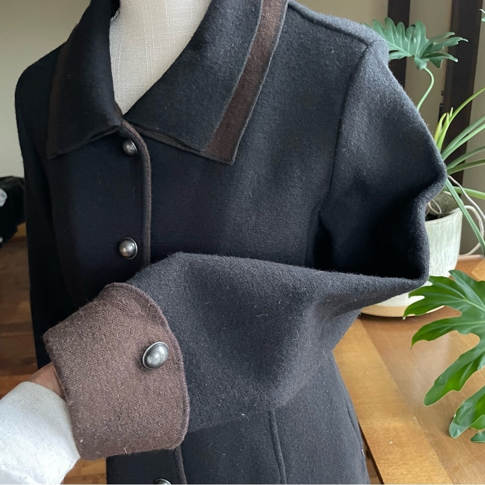 Icelandic Design Black & Brown Wool Coat with Metal Buttons Stand Collar Detail - Picture 6 of 15